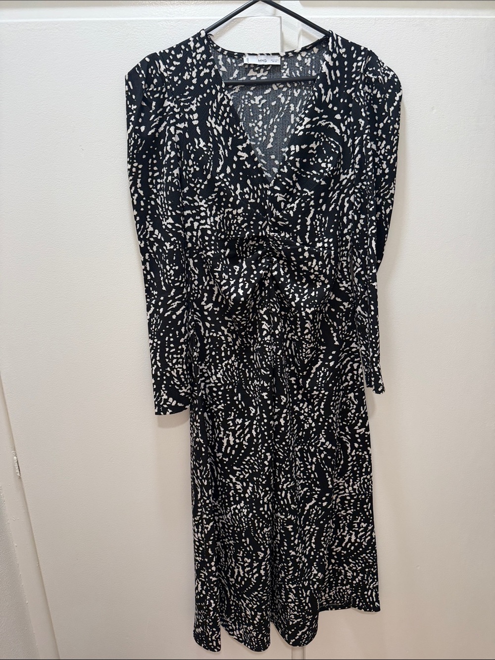 Mango Black and White Printed Long Sleeve V-Neck Dress